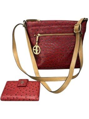 Giani Bernini Vibrant Red Ostrich Leather Crossbody Charm Satchel Handbag Wallet
